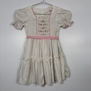 Party Dress Girls 6 Cream Stripe Smocked Floral Puff Sleeve Lace Tiered Ruffle